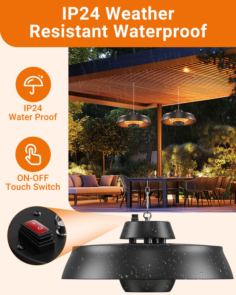 Carbon Infrared Hanging Patio Heater, 3-Second Warmth, Black