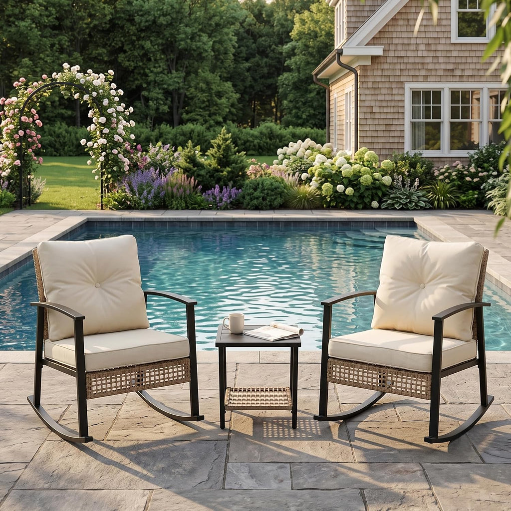 3-Piece Patio Rocking Chairs Set of 2, Rocking Chair Bistro Set [Upgraded 2.0] & 2-Tier Coffee Table, Wicker Rocking