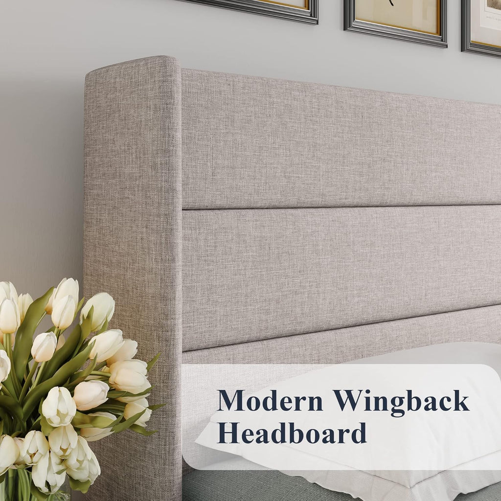 Full Lift Up Storage Bed, Modern Wingback Headboard, Hydraulic Support, No Box Spring Needed, Light Beige