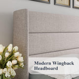 Queen Lift Up Storage Bed, Modern Wingback Headboard, Hydraulic Support, No Box Spring Needed, Light Beige