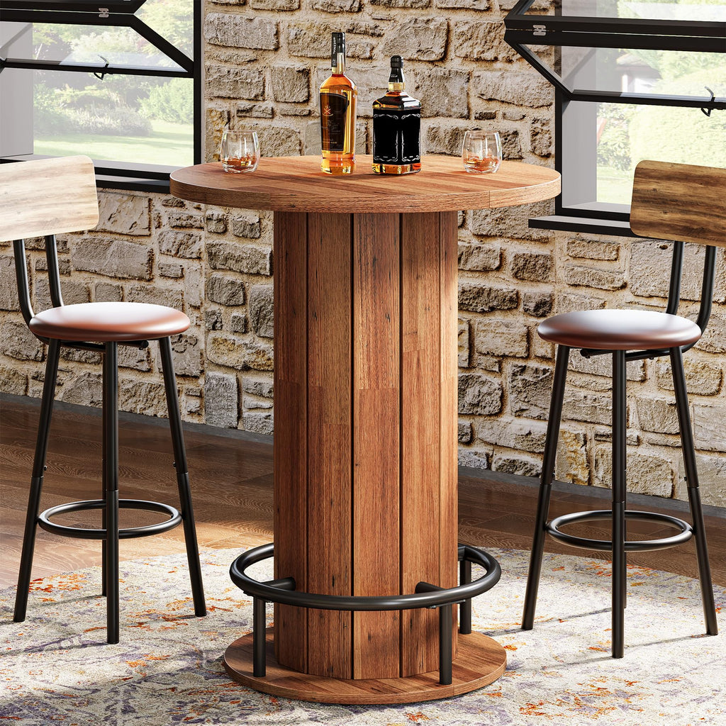 Round Bar Table, 39.4" H Wood Bistro Pub Table with Metal Ring Footrest for Dining Coffee Cocktail Living Room, Small