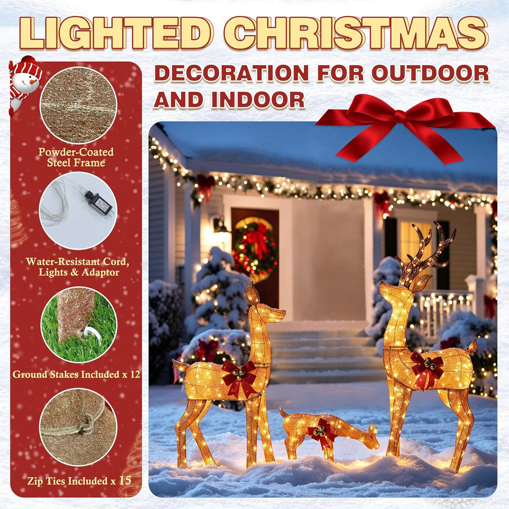 3-Piece Animated Christmas Reindeer Family Set, Lighted Xmas Decor