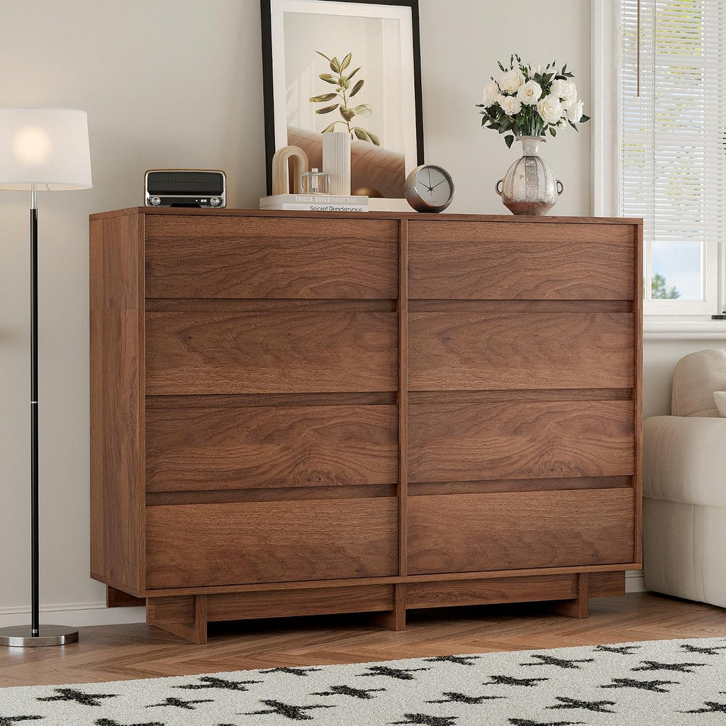 Walnut Dresser , 53.1" Wide 8 Drawer Dresser, Mid Century Modern Dressers Chest of Drawers, Wooden Large Dressers