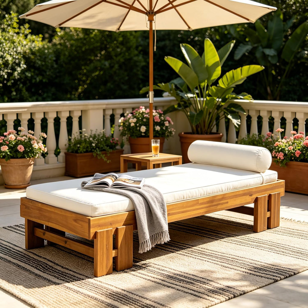Acacia Wood Outdoor Daybed with Cushion & Pillow, Patio Sofa Couch Backyard, Patio Garden Lounge Sofa