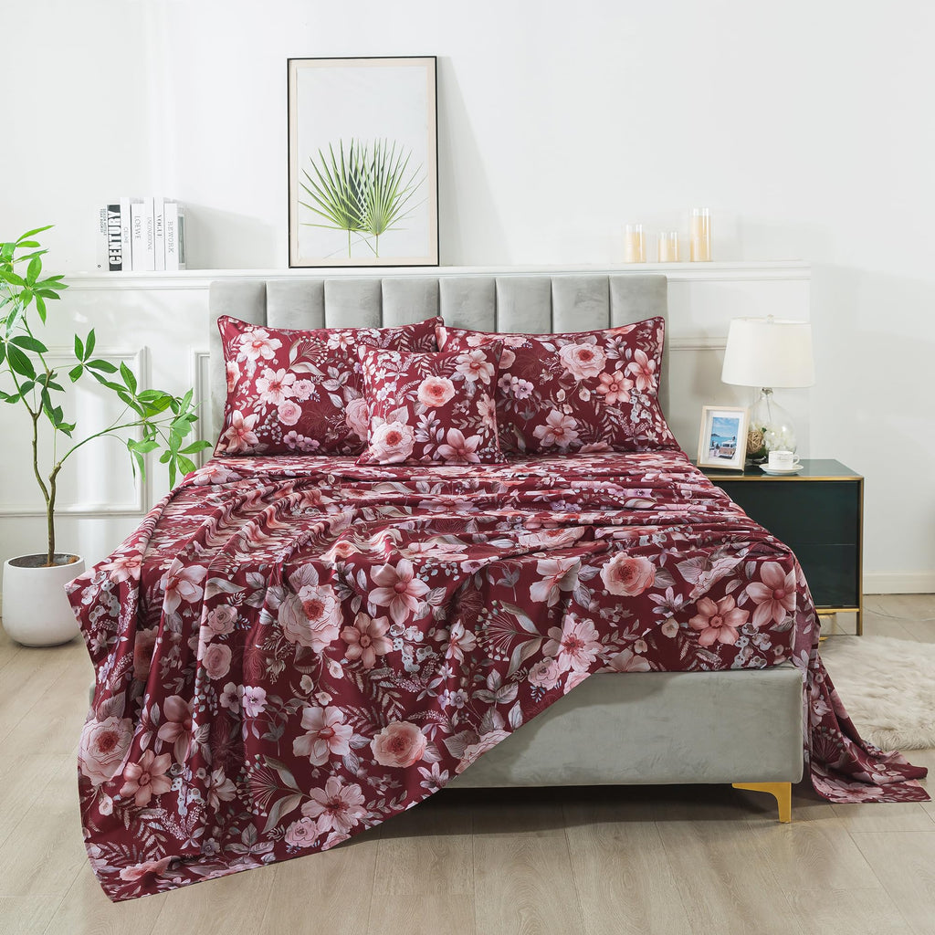 Floral Sheets Set Queen Vintage Red Floral Bedding Shabby Pink Rose Elegant Peony Sheets Farmhouse Bedding 800 Thread