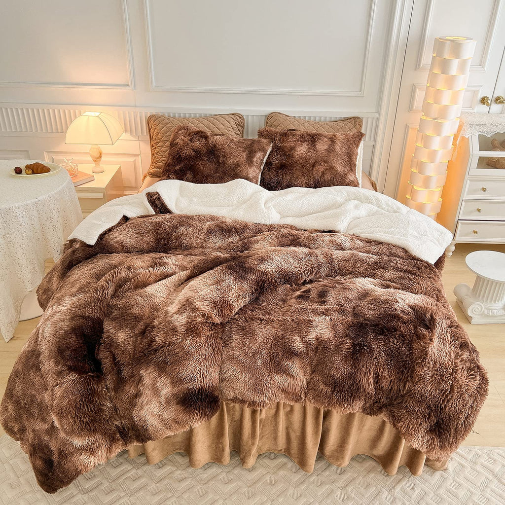Faux Fur Shaggy Fluffy Comforter Set Mixed Coffee Brwon and White Long Hair, 3 Pieces Plush Flannel Sherpa