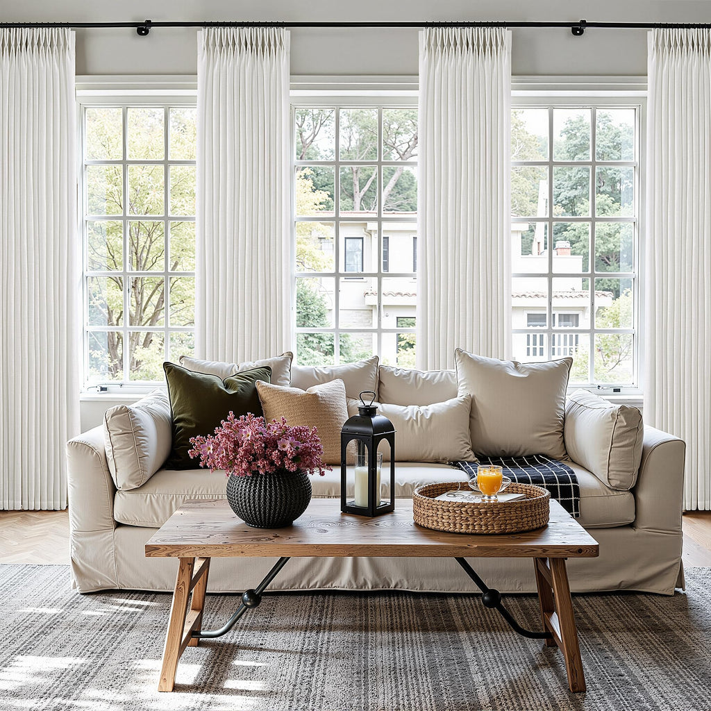 60 Inch Extra Wide Beige White Linen Pinch Pleated Curtains 102 Inches Long
