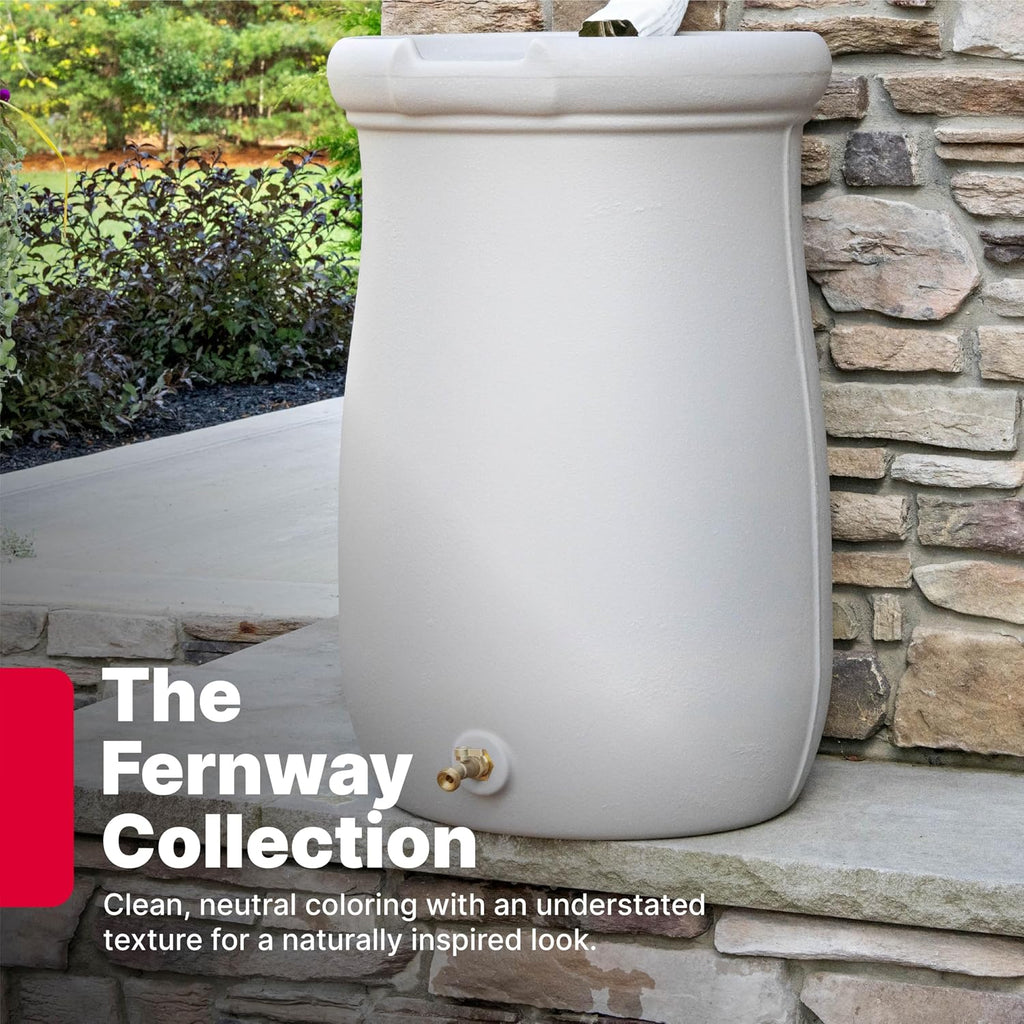 Fernway Rain Barrel, Outdoor Water Conservation Container, Holds 50 Gallons, Gray