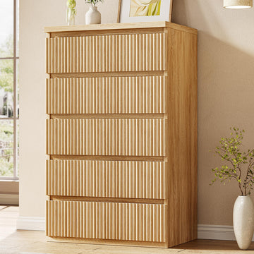 Fluted 5 Drawer Dresser, 43" Tall Dresser, Modern Fluted Chest of Drawers, Handle-Free/Floor-Mounted Wood Drawer