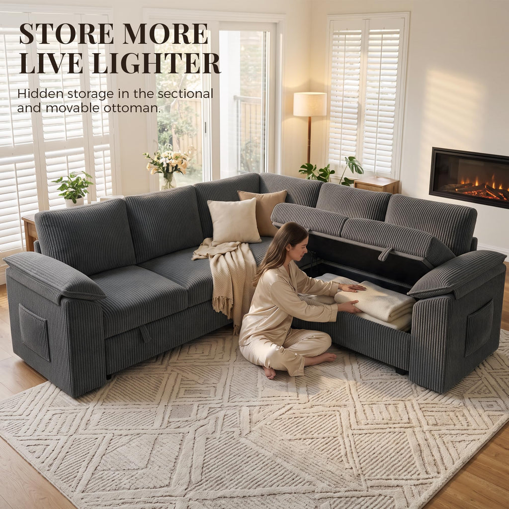 Modular Sectional Sleeper Sofa with Pull Out Bed, Dark Grey