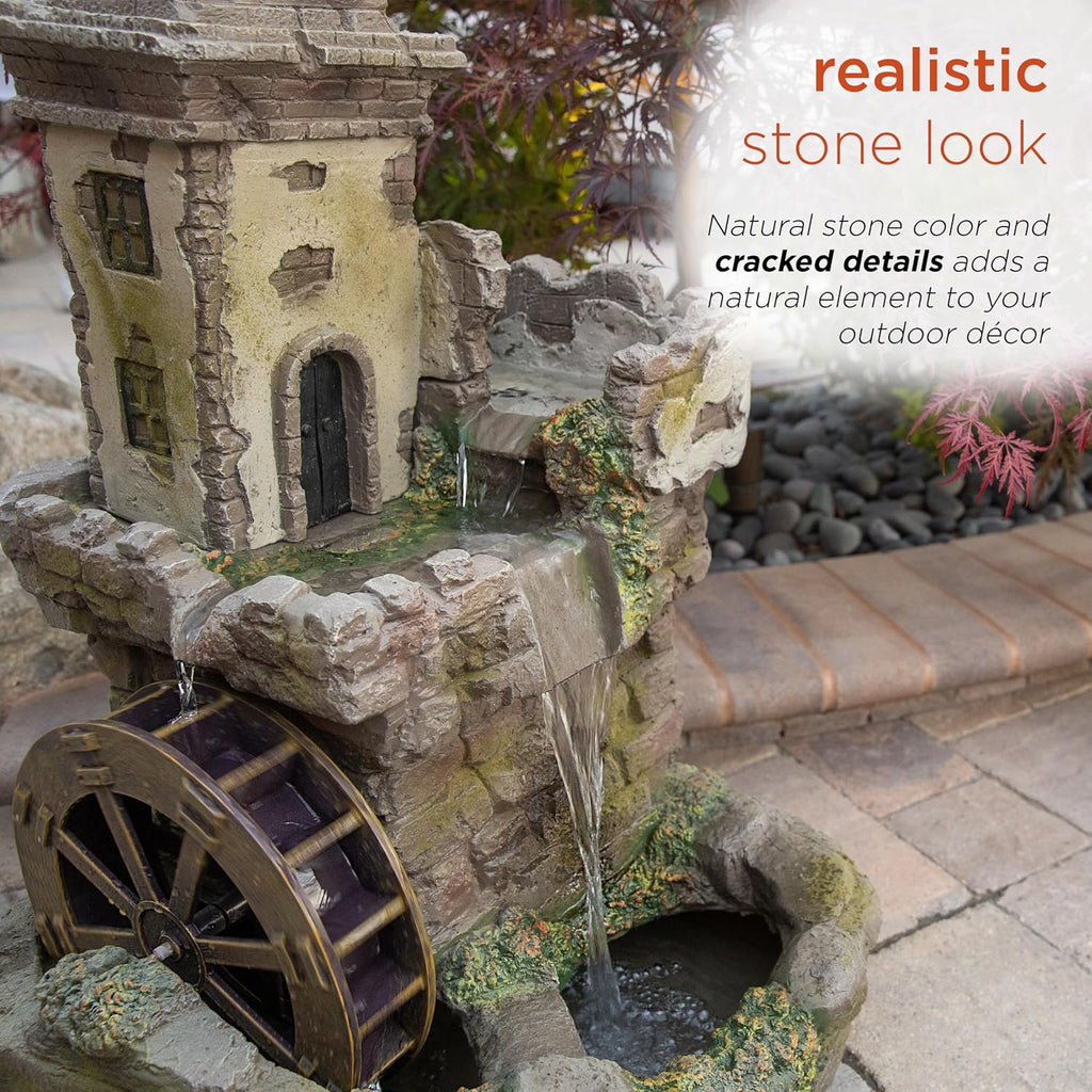 USA1164 Outdoor Floor Tiered Fairy Castle Waterwheel Water Fountain with Realistic Stone Look, 35", Brown