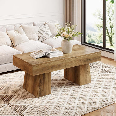 Farmhouse Coffee Table, 47 Inches Wooden Rectangular Accent Center Tables with Thick Base