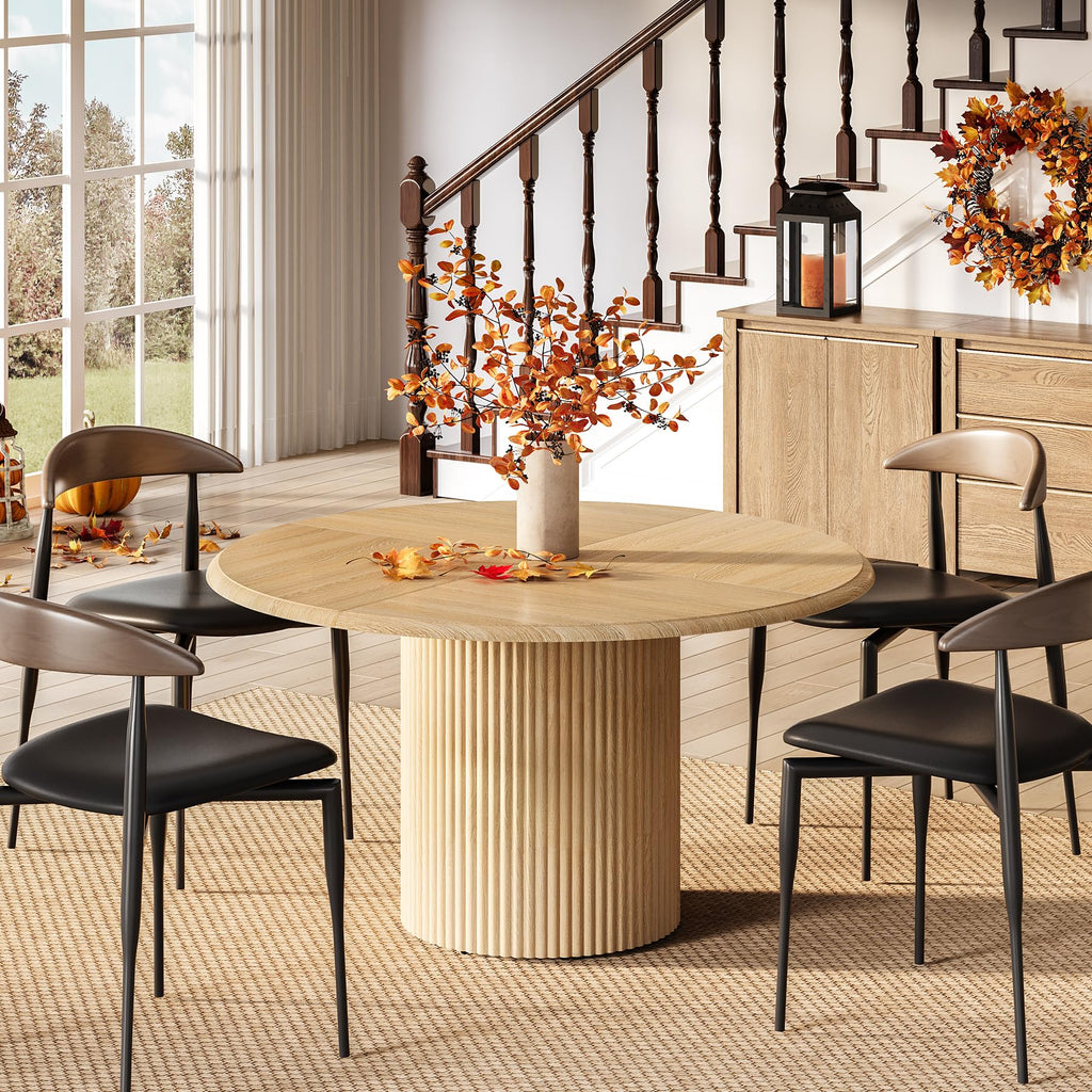 47 Inches Round Dining Table for 4, Farmhouse Natural Wooden Dining Room Table with Heavy Duty Fluted Pedestal, Large