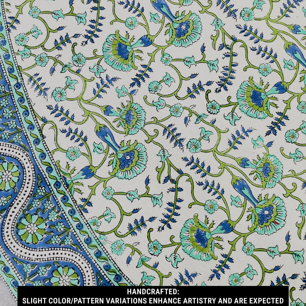Cotton Block Print Tablecloth Round 72 inch, Blue Green
