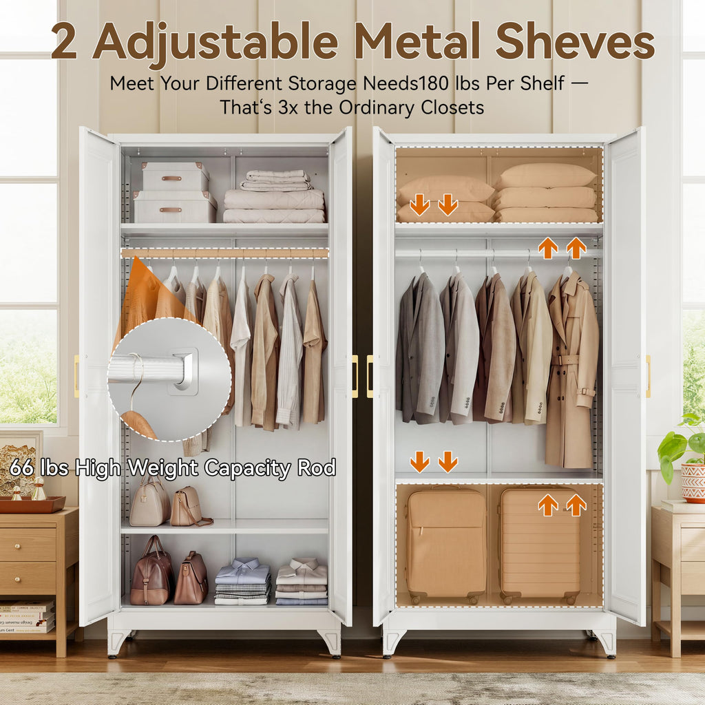 71" White Metal Armoire Wardrobe Closet with Panel Doors