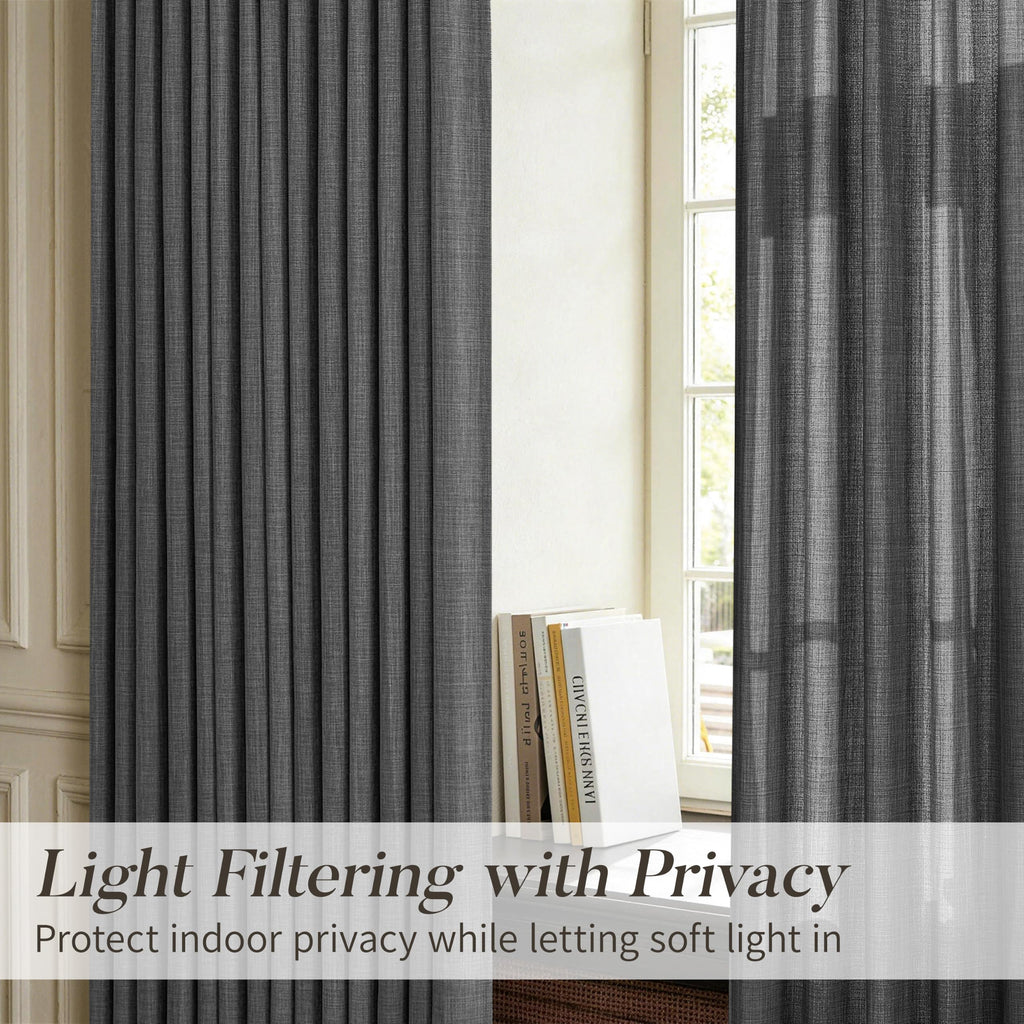 Pinch Pleat Dark Grey Linen Curtains - Boho Light Filtering Privacy 100 Inches Long Ceiling Floor Pleated Curtain
