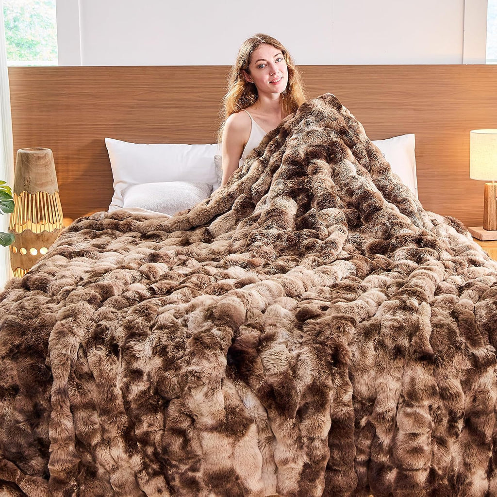 Faux Fur Throw Blanket Tie-Dye Dark Coffee - Big Bubble Rabbit Fluff Blanket for Couch, Large Fluffy Fuzzy Cozy