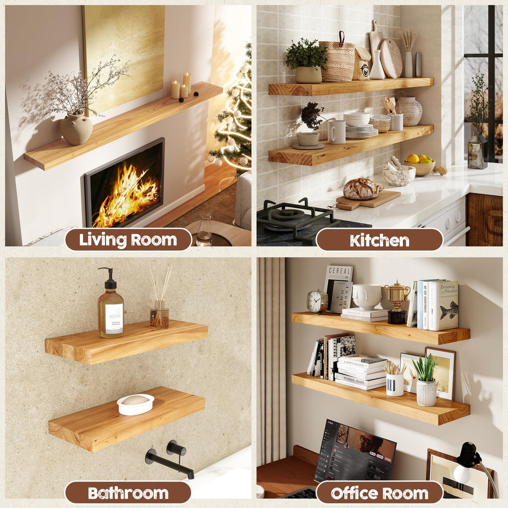 Floating Shelves for Wall, 72 Inch Rustic Solid Elm Wood Shelves