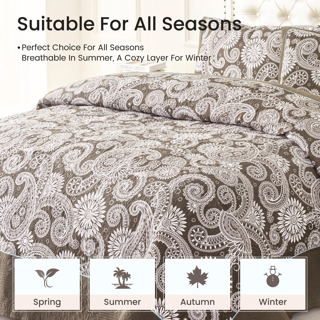 King, 3 PCS, Paisley Quilt Set, Brown Paisley