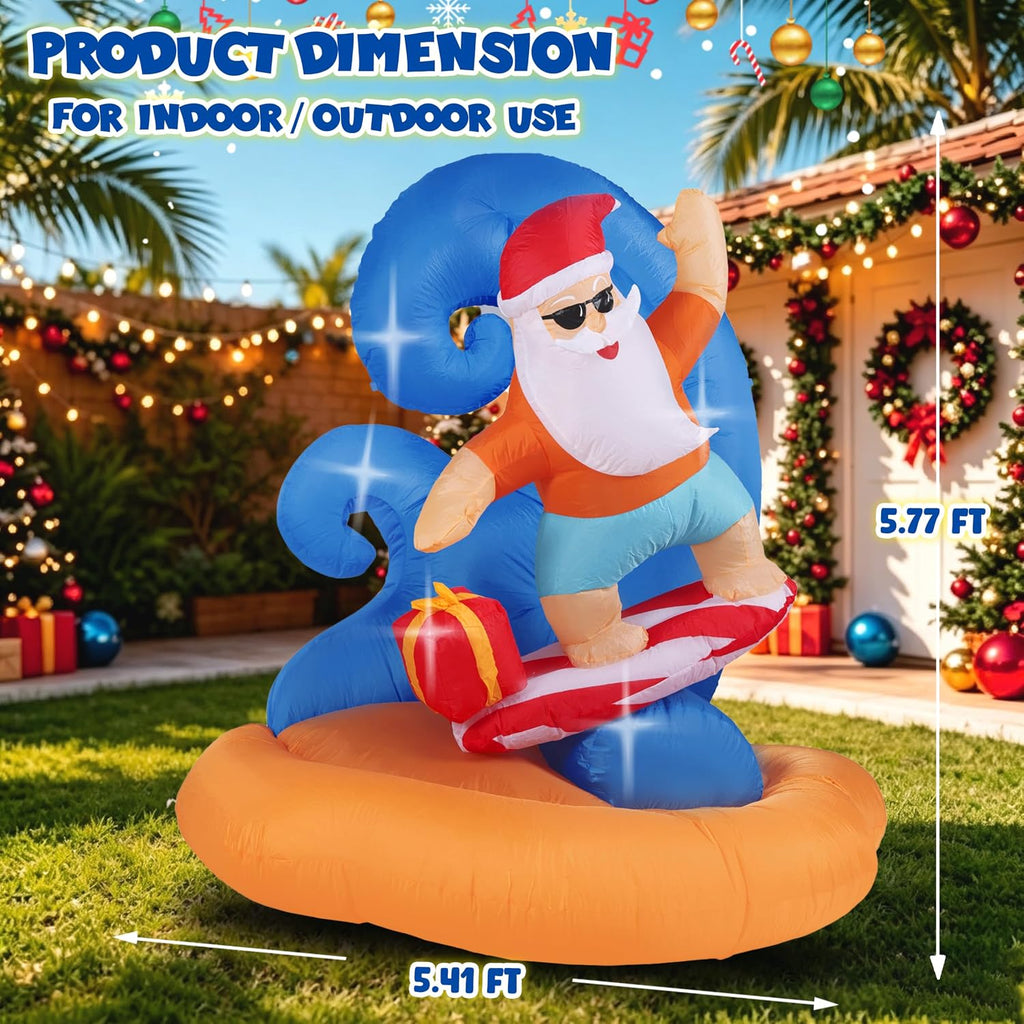 Christmas Inflatables Outdoor Santa Claus Surfing, 6FT Inflatable Santa Bulit in Led Lights, Blow up Xmas Yard