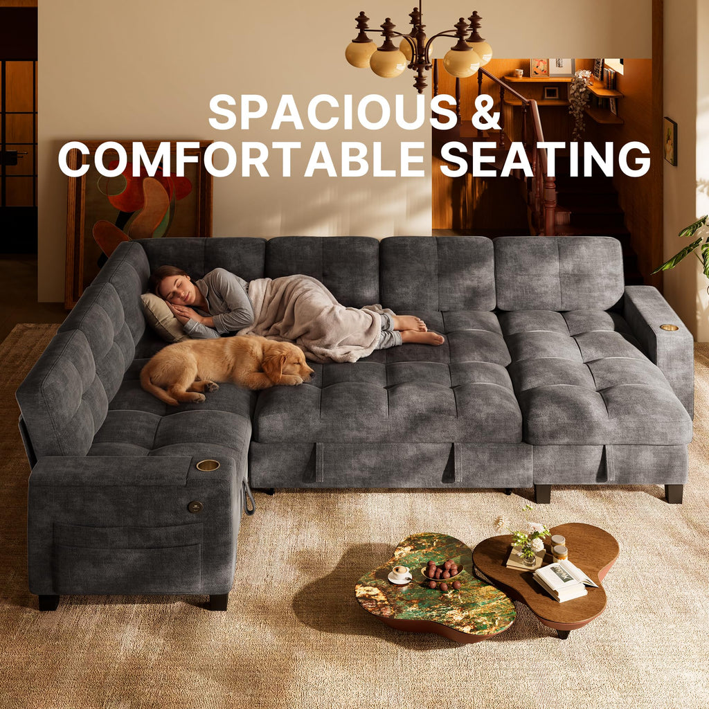 7 Seat Modular Sectional Sleeper Sofa with Pull Out Bed, Light Gray