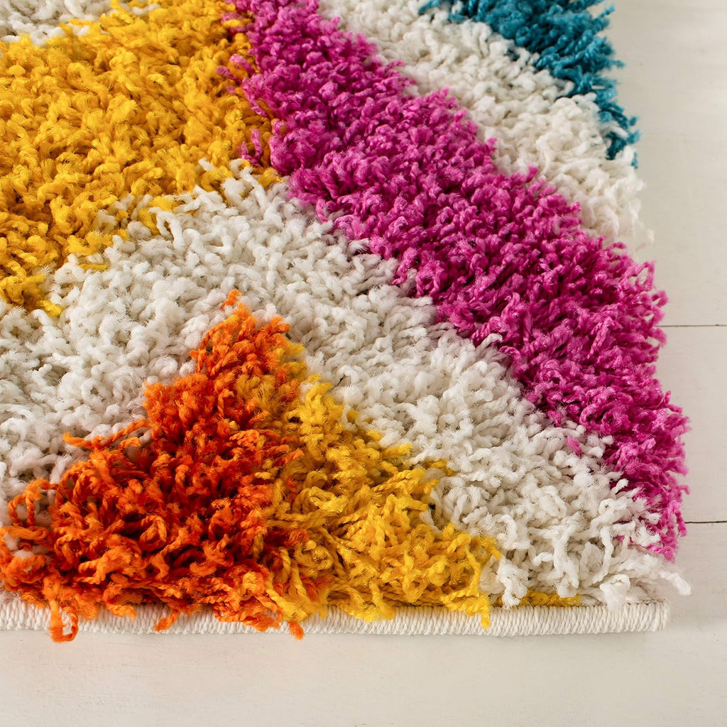 Kids Shag Collection Area Rug - 6'7" Square, Ivory & Multi, Rainbow Chevron Design, Non-Shedding & Easy Care, 2-inch