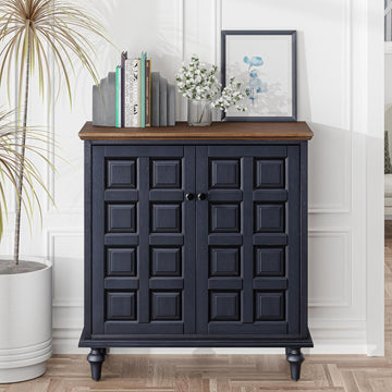 Retro 2 Door Storage Cabinet with Plaid Pattern Front, Vintage Side Table , Handles, Two-Shelves, Pine Wood, Dark
