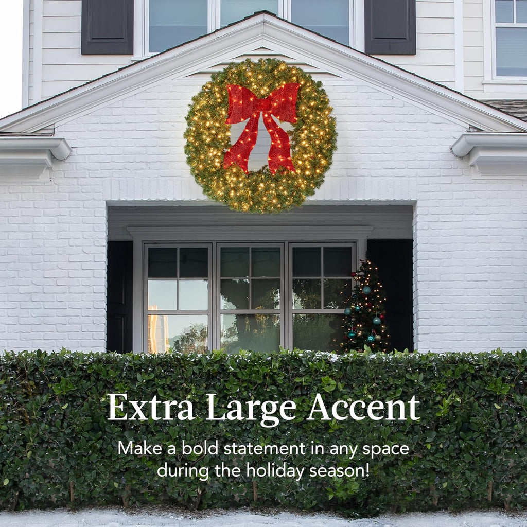 48in Large Artificial Pre-Lit Fir Christmas Wreath Holiday Accent Decoration for Door, Mantel w/Red Lighted Bow, 250
