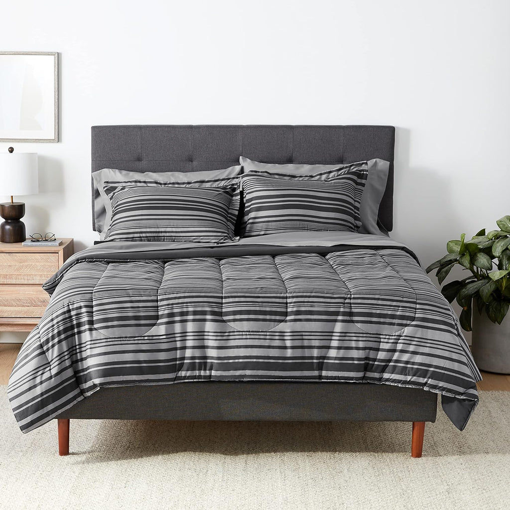 Full/Queen Comforter Set with Sheets, 7-Piece Gray Calvin Stripe Bedding, Lightweight Microfiber Bed-in-a-Bag, Striped