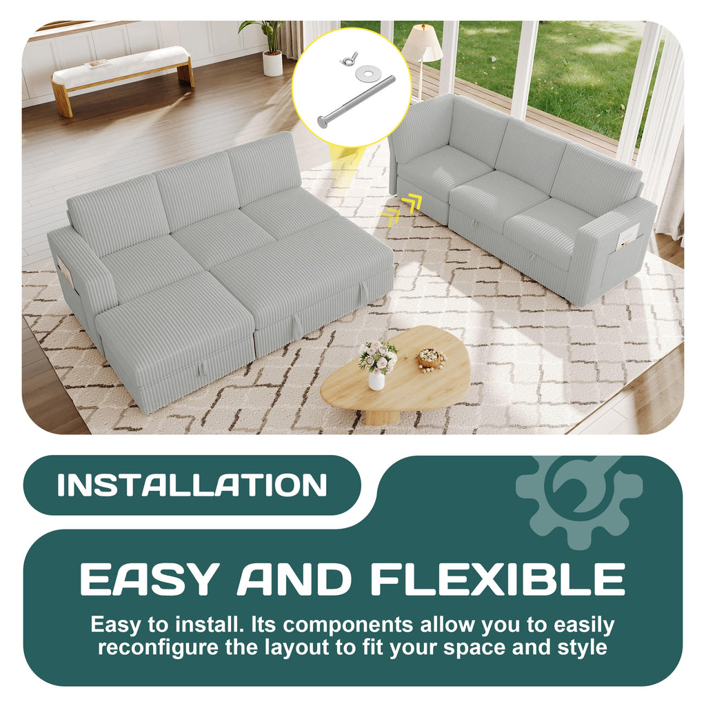 Sectional Sleeper Sofa, Pull Out Couch with Storage, Pale Gray, 7 Seat