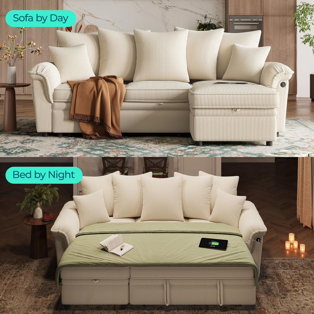Sectional Couch with Pull Out Bed, Large Corduroy Modular Sleeper Sofa, Storage Chaise, Wide Armrest, 90" 3 Seats
