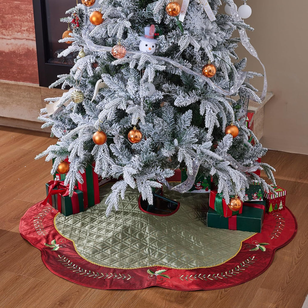 X.Sem Holly Leaf Embroidered Velvet Christmas Tree Skirt with Pleat Velvet Border 50'' (Green&red, 50 inch)