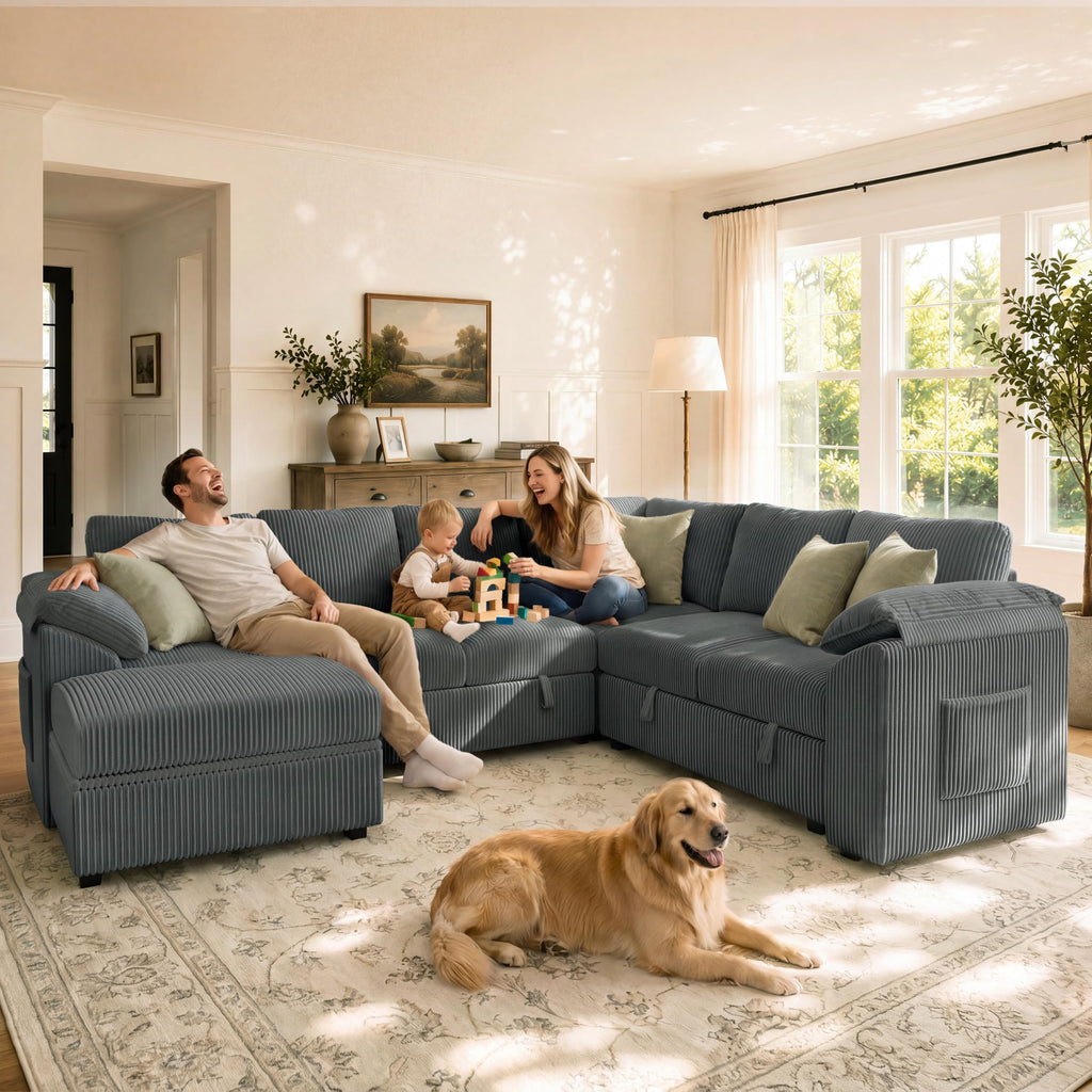 108" Modular Sectional Sleeper Sofa with Pull Out Bed, Dark Grey
