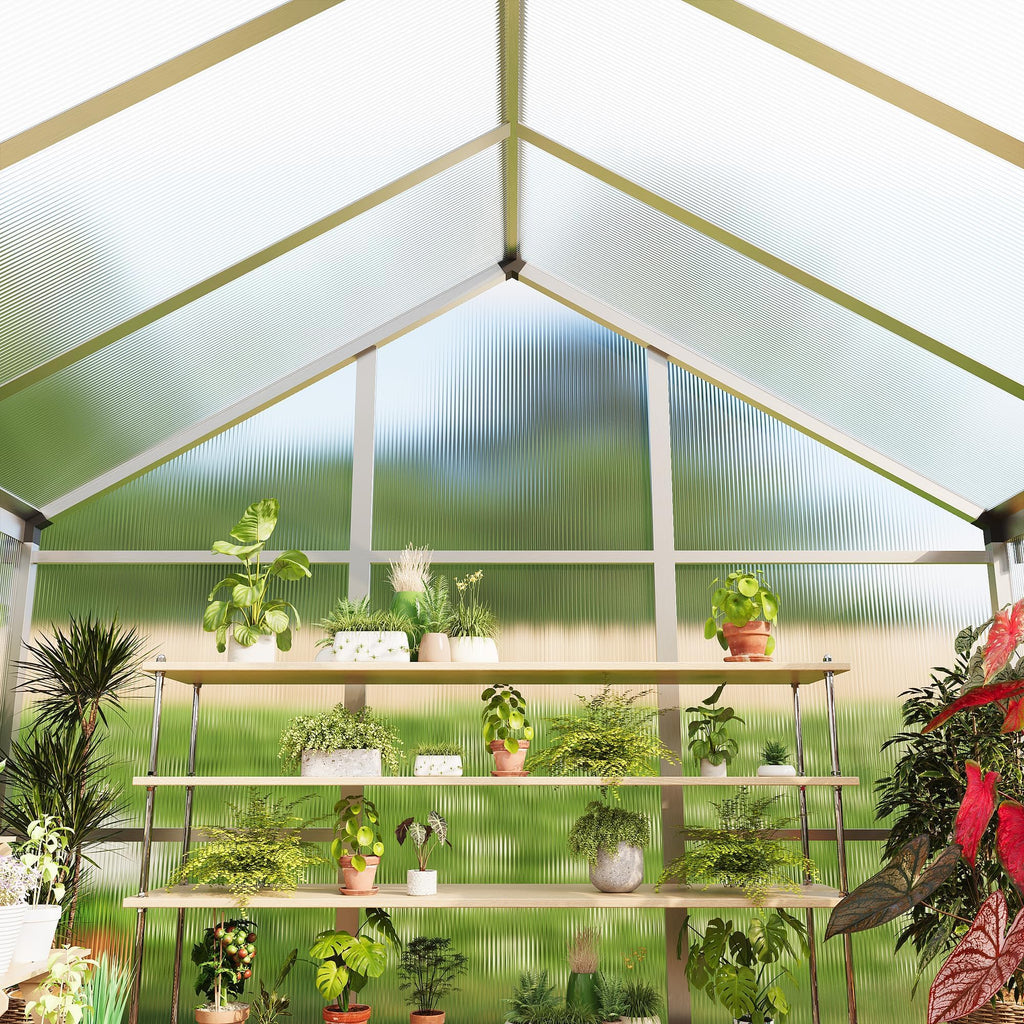 8x12 FT Greenhouse for Outdoors, Polycarbonate Greenhouse with Roof Vent, Ground Nails, Lockable Push Door, Aluminum