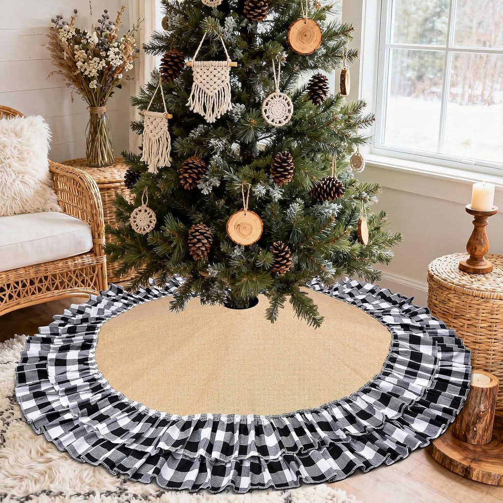 Burlap Halloween Tree Skirt, 48'' Buffalo Plaid Black and White Decorations