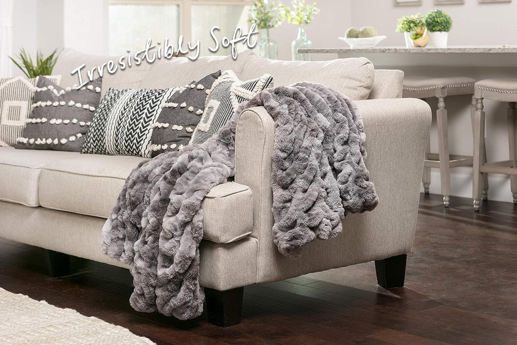 Premium Ruched Faux Fur Throw Blanket - Luxurious, Soft Reversible Mink Blanket - 108" x 86" (King Size) - Dark Gray