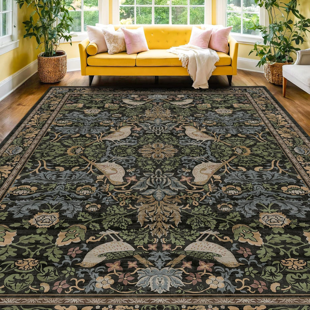 8x10 Washable Floral Area Rug, Low Pile Non-Slip Nature Design Carpet Dark Green Brown