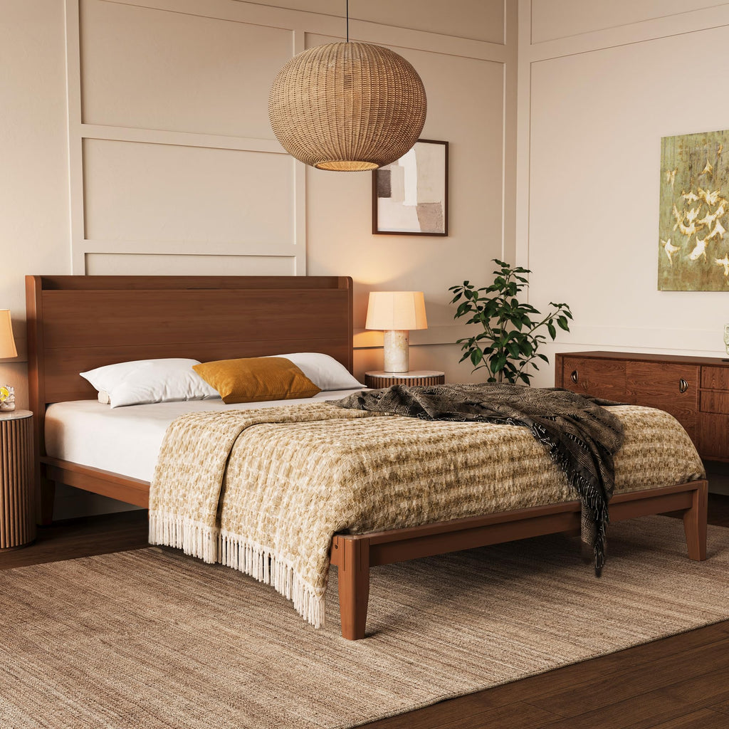 Bamboo Wood Queen Bed Frame with Charging Station & Headboard