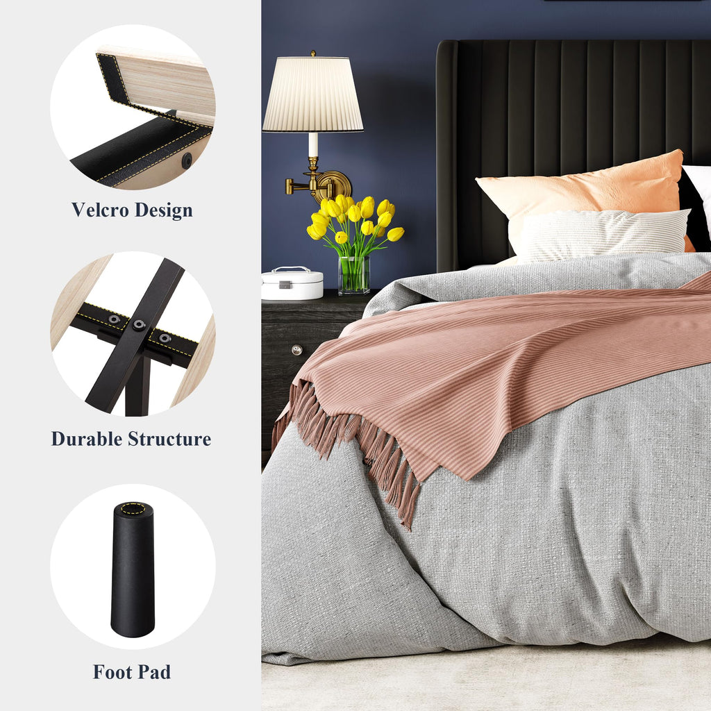 Queen Size Velvet Bed Frame/Vertical Channel Tufted Wingback Headboard/Upholstered Platform Bed/Strong Wooden