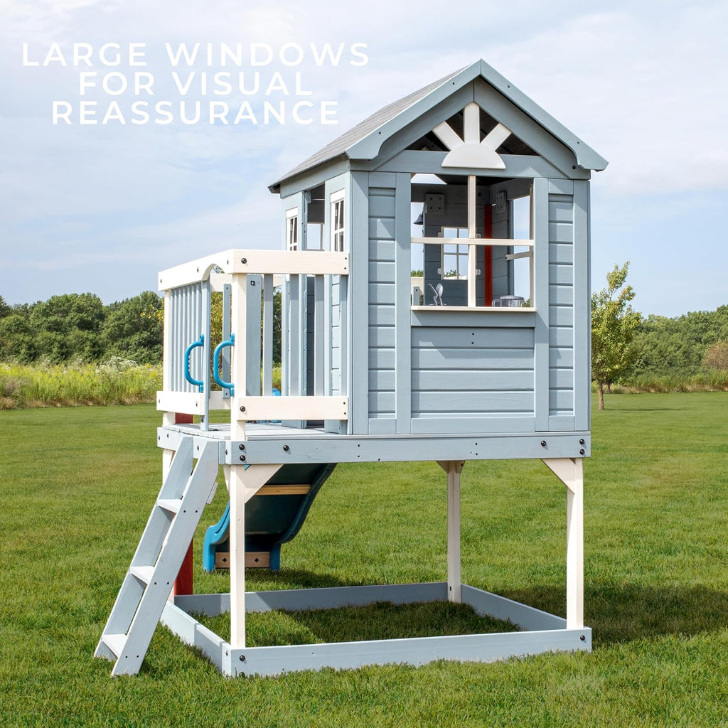 Beacon Heights Elevated Cedar Wooden Kids Playhouse with Wave Slide, Play Kitchen, Wrap-Around Deck, Flat-Step