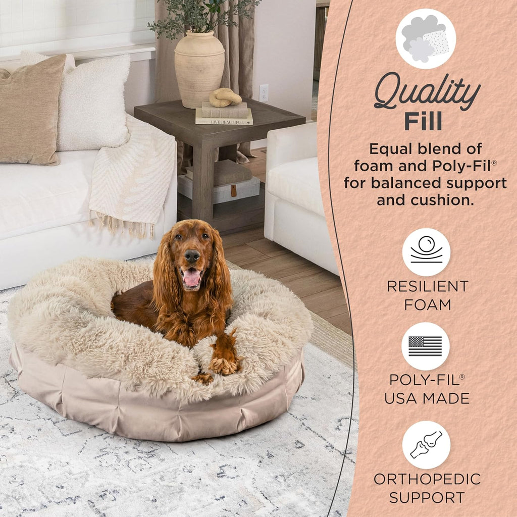 Ultra Calming Pouf Bed, Orthopedic Round Dog Bed for Joint Support, Faux Fur, Washable Cover, Tan, Large