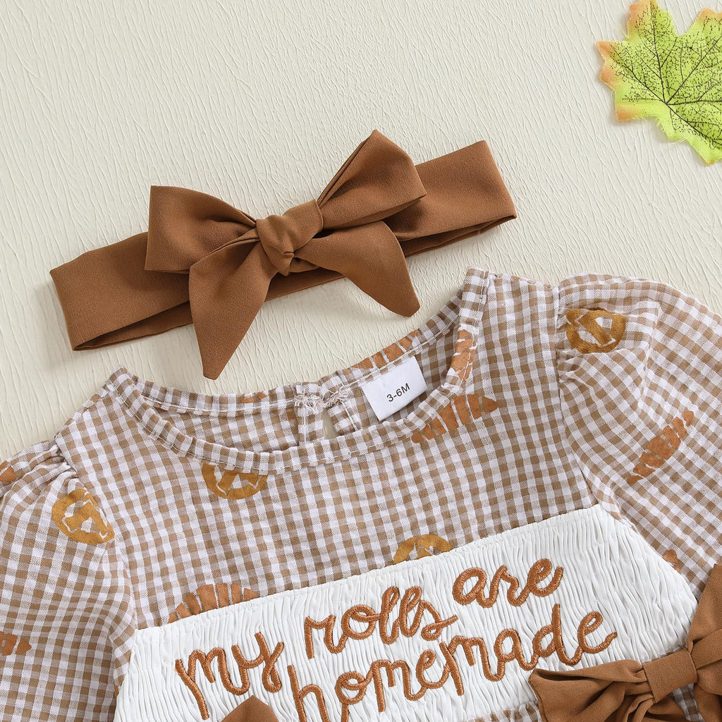 Girl Thanksgiving Outfit Plaid Romper Letter Embroidered Long Sleeve Onesie Headband 2 Piece Fall Set (My Rolls Are
