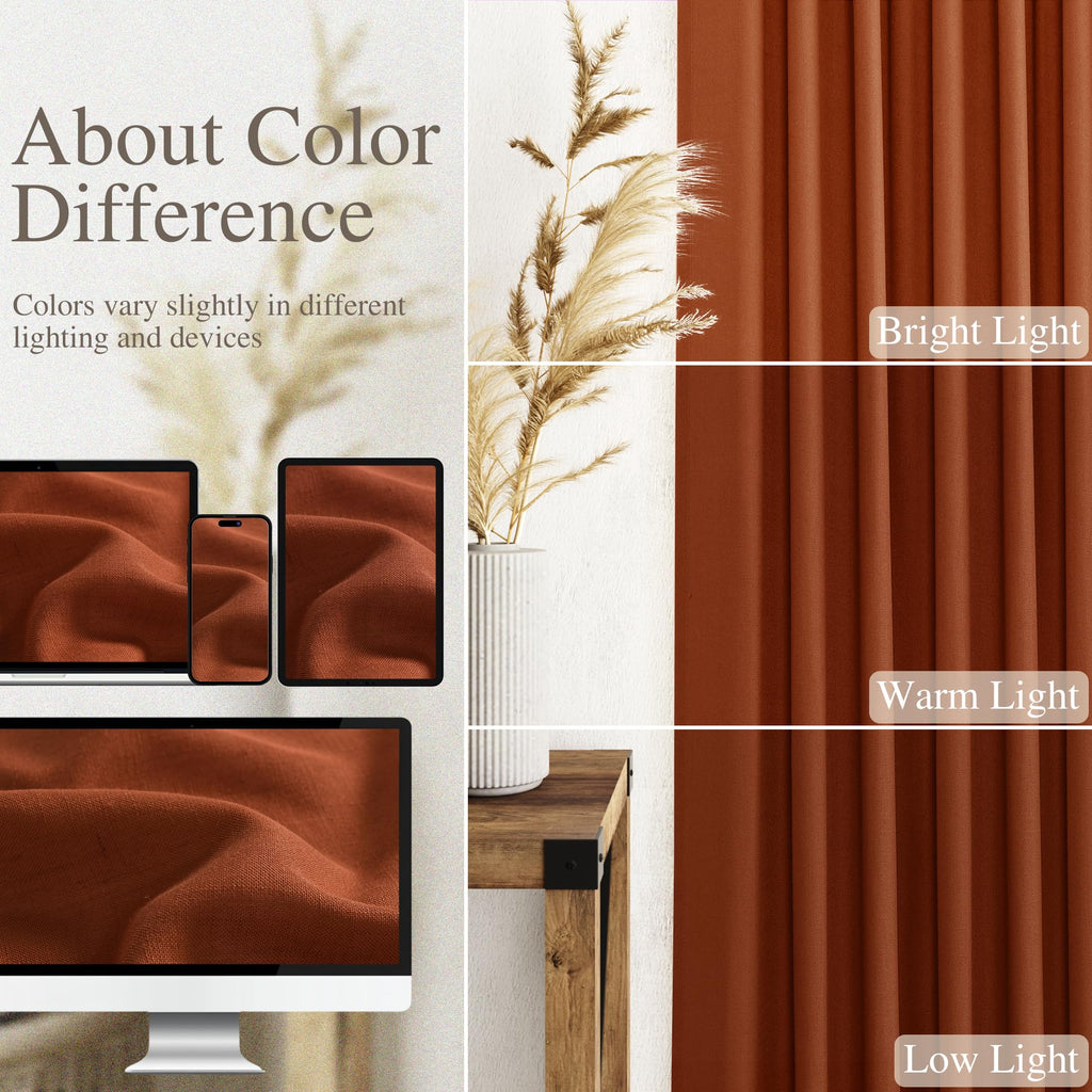 2 Panels Terracotta Linen Curtains 105 inches Long Extra Long Back Tab Semi Sheer Rustic Farmhouse Boho Curtains