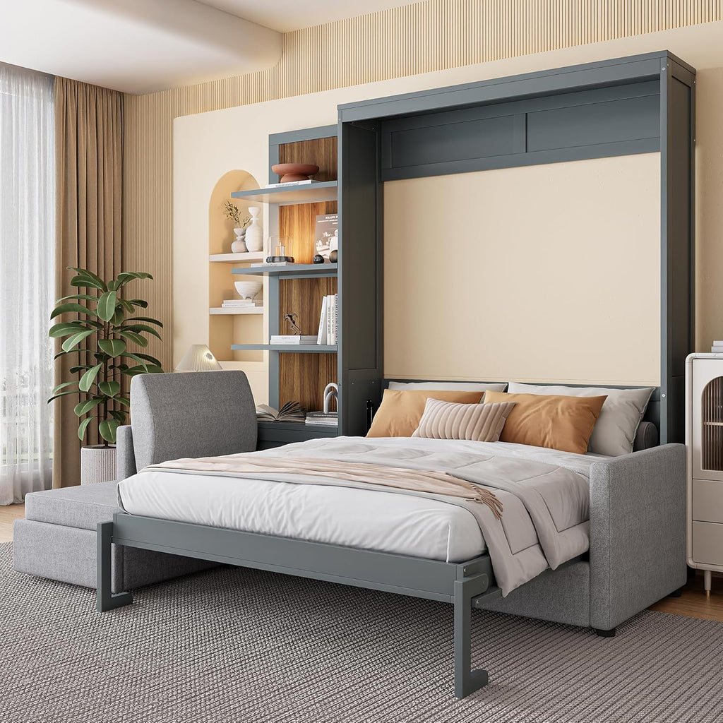 Queen Murphy Bed with Sofa and Shelves, Gray | Space-saving sleeping solution with integrated seating and display