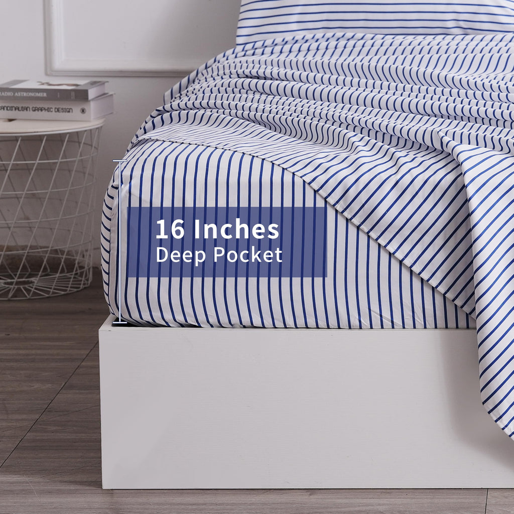 Blue Striped Bed Sheet Set 4 Piece with 16-Inch Deep Pockets- Super Soft & Wrinkle Free Stripe Bed Sheets