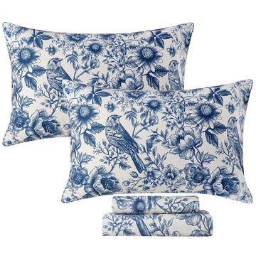 Sunflower Bird Sheets Set King 100% Egyptian Cotton Blue Toile de Jouy Bedding Vintage Blue and White Floral