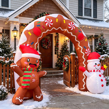 10.5FT Christmas Inflatable Archway, Blow Up Arch with Waving Cute Gingerbread Man with Santa Hat & Scarf and Lovely
