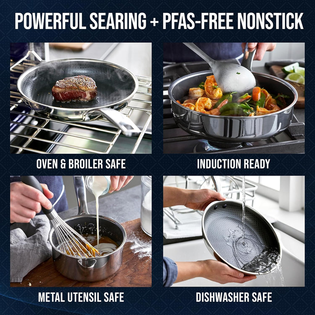 Hybrid 12 Piece Stainless Steel Nonstick Cookware Set | PFAS-Free Ceramic Nonstick Pots & Pans, Diamond Bond