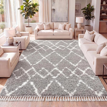 Mercer Shag Plush Tassel Gray/Ivory Indoor Area Rug, Moroccan Geometric Trellis, Contemporary, Easy-Cleaning