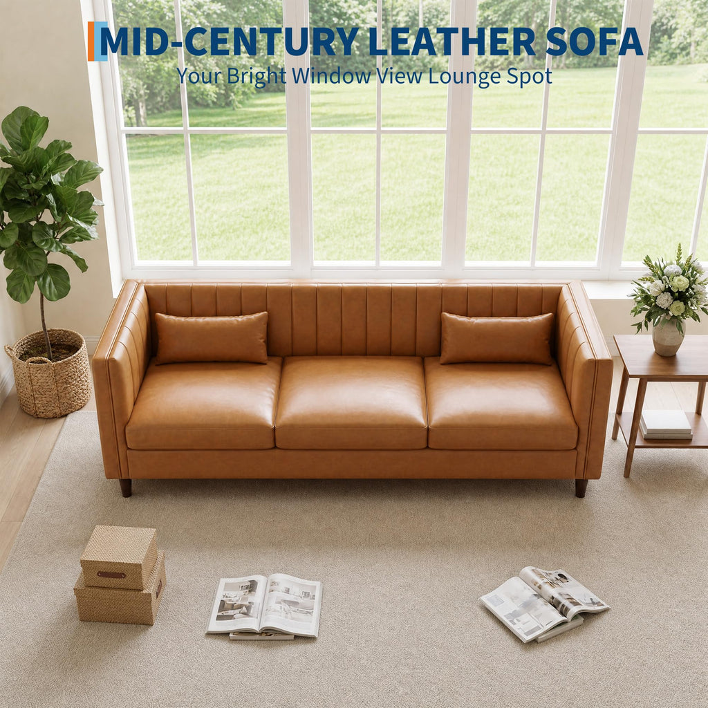 81" PU Leather Sofa, 3-Seater Couch, Cognac Tan